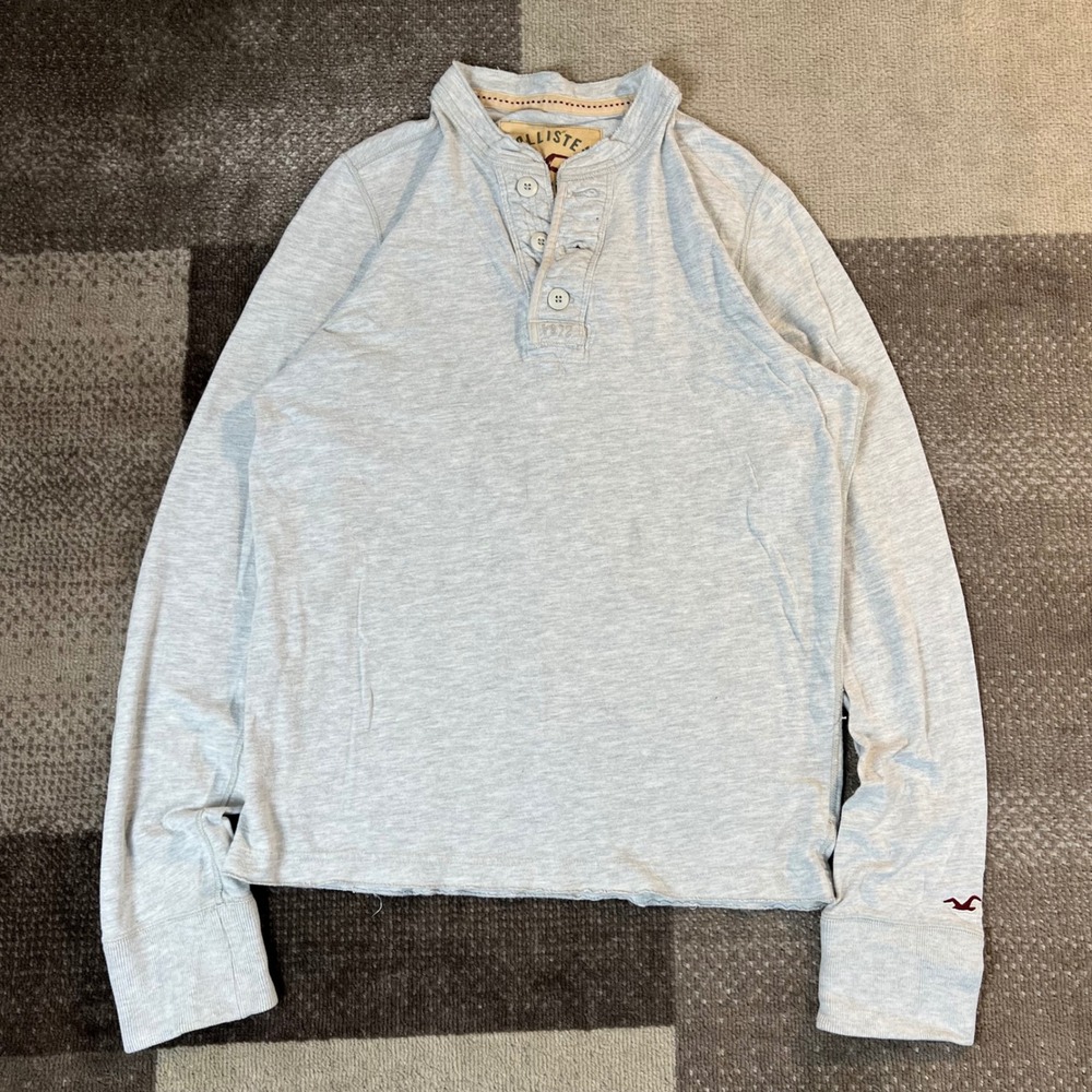 Y2K Hollister Mens Long Sleeve‎ Henley Rugby Shirt Gray Cotton Large 1922 Logo